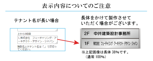 テナント名の文字数が多い場合、長体（文字を縦長にすること）をかけて製作させていただきます