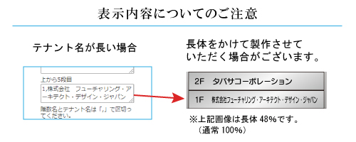 テナント名の文字数が多い場合、長体（文字を縦長にすること）をかけて製作させていただきます