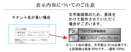 テナント名の文字数が多い場合、長体（文字を縦長にすること）をかけて製作させていただきます